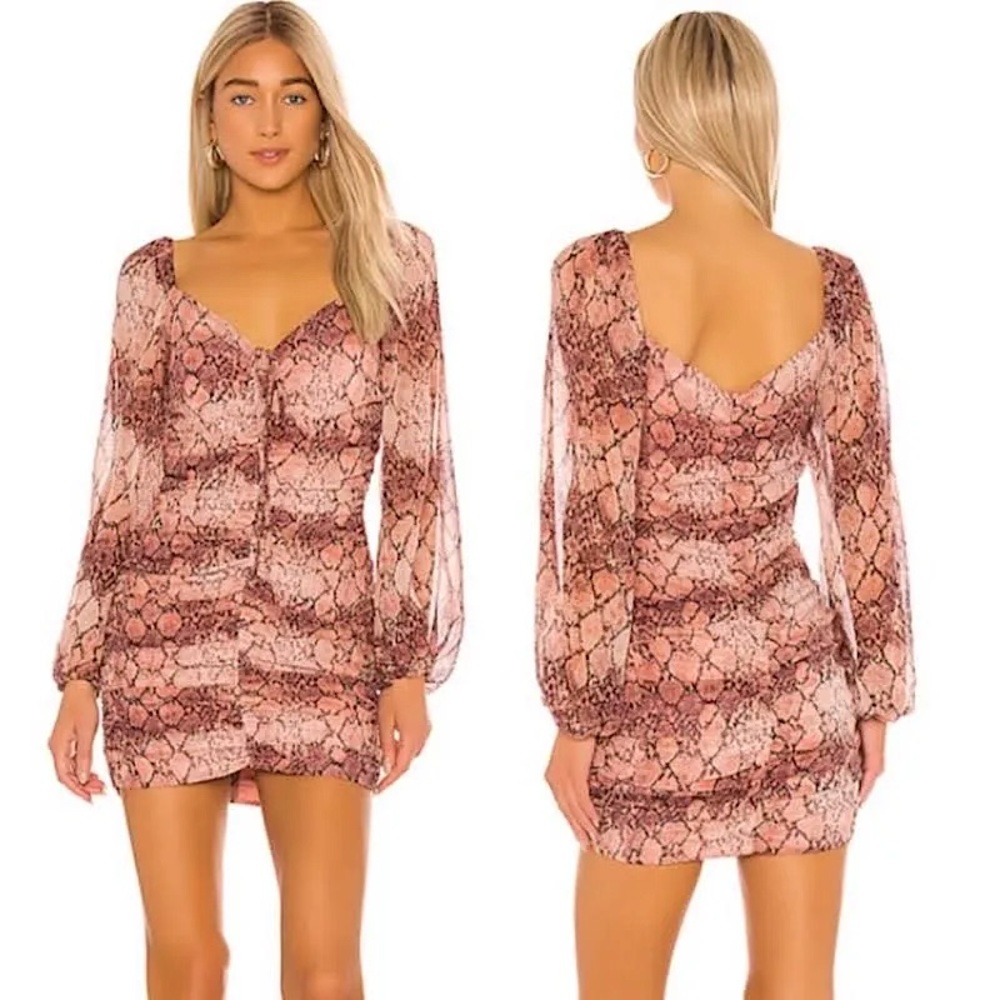 NWT Flynn Skye Revolve Mina Pink Snake Print Ruched Mini Dress Sz S Summer Party